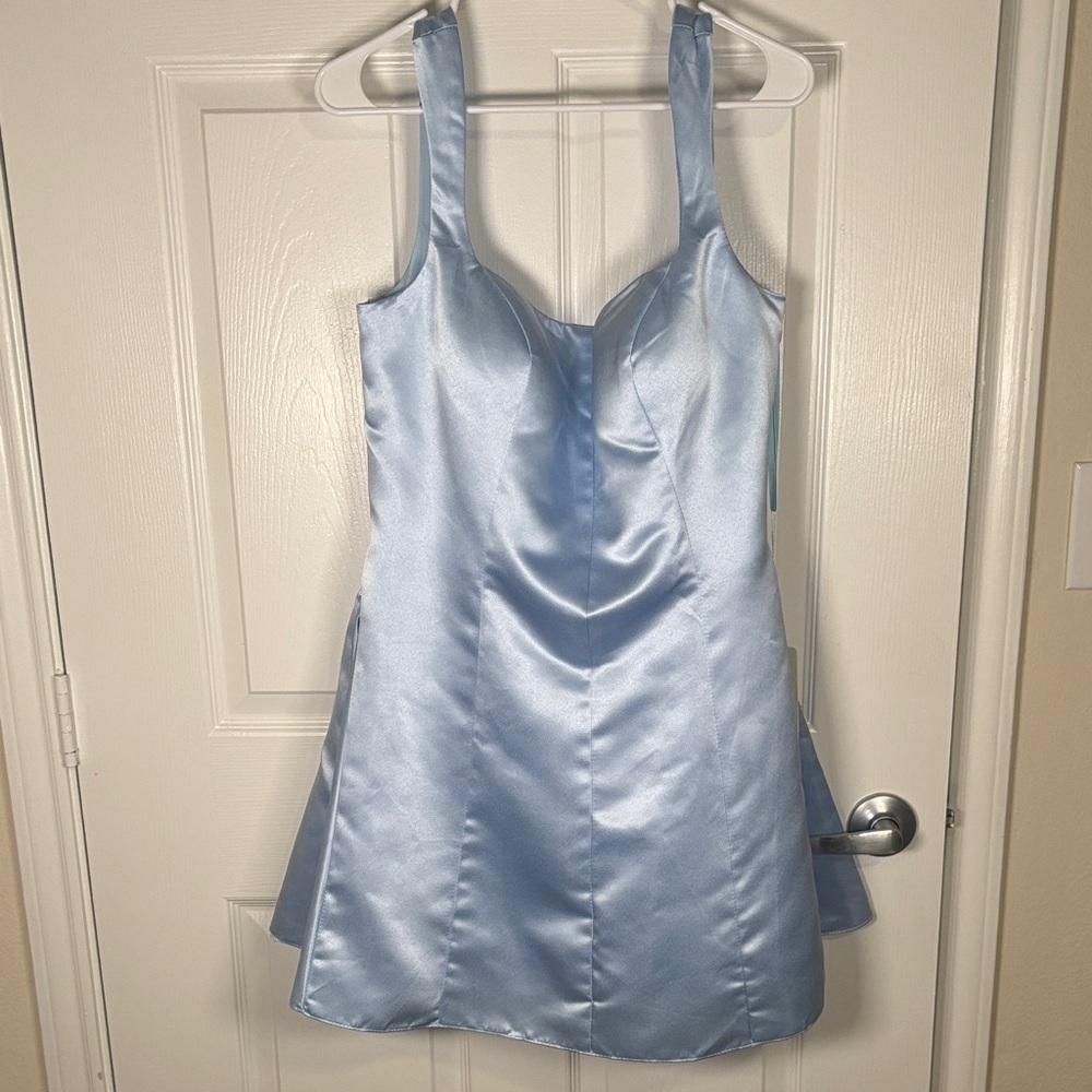 Stacees Sky Blue Satin Fit & Flare Bridal Homecoming Dress US 16 NWT